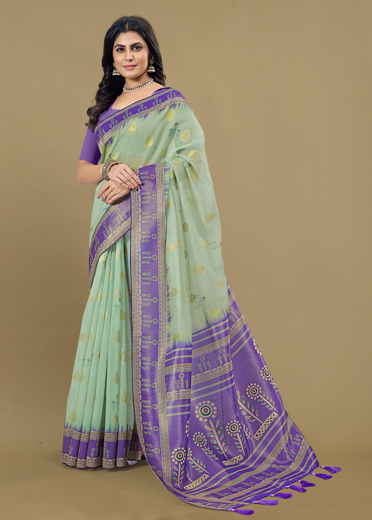 Pista Saree Adorned with Digital Ethnic Prints and Zari Woven Border with Butti