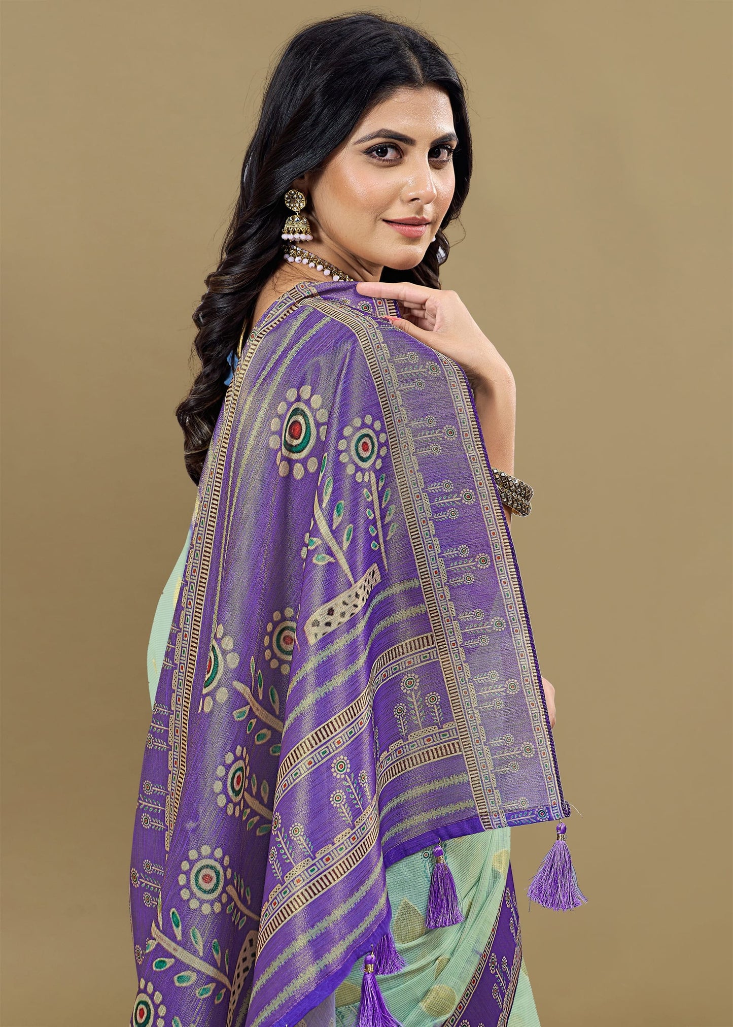 Pista Saree Adorned with Digital Ethnic Prints and Zari Woven Border with Butti