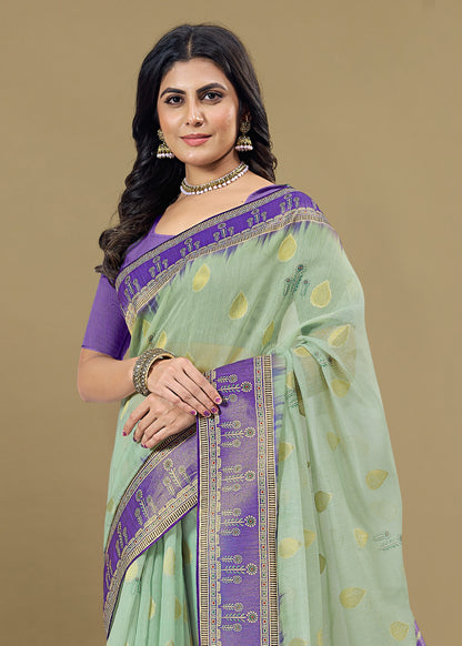 Pista Saree Adorned with Digital Ethnic Prints and Zari Woven Border with Butti