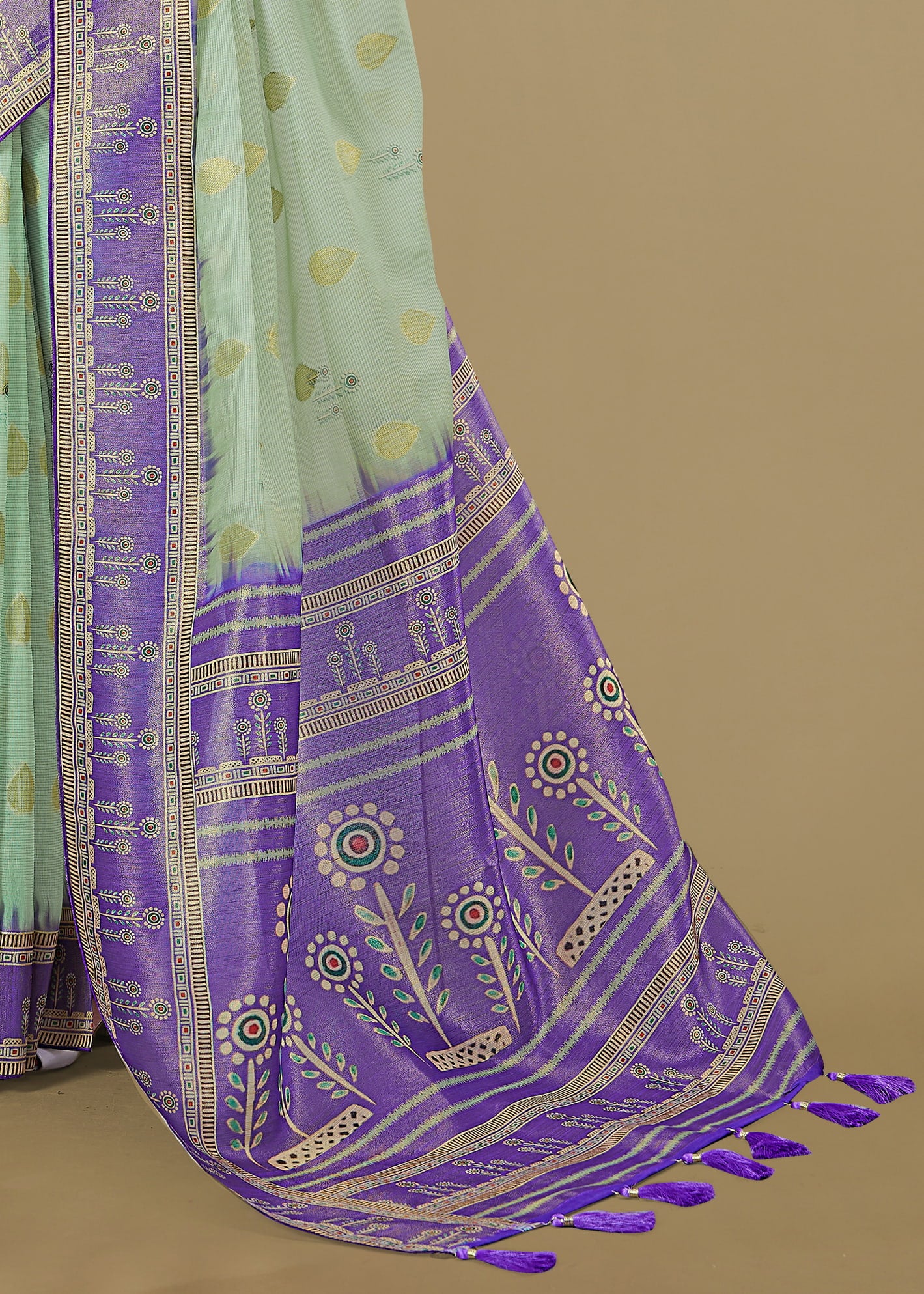 Pista Saree Adorned with Digital Ethnic Prints and Zari Woven Border with Butti