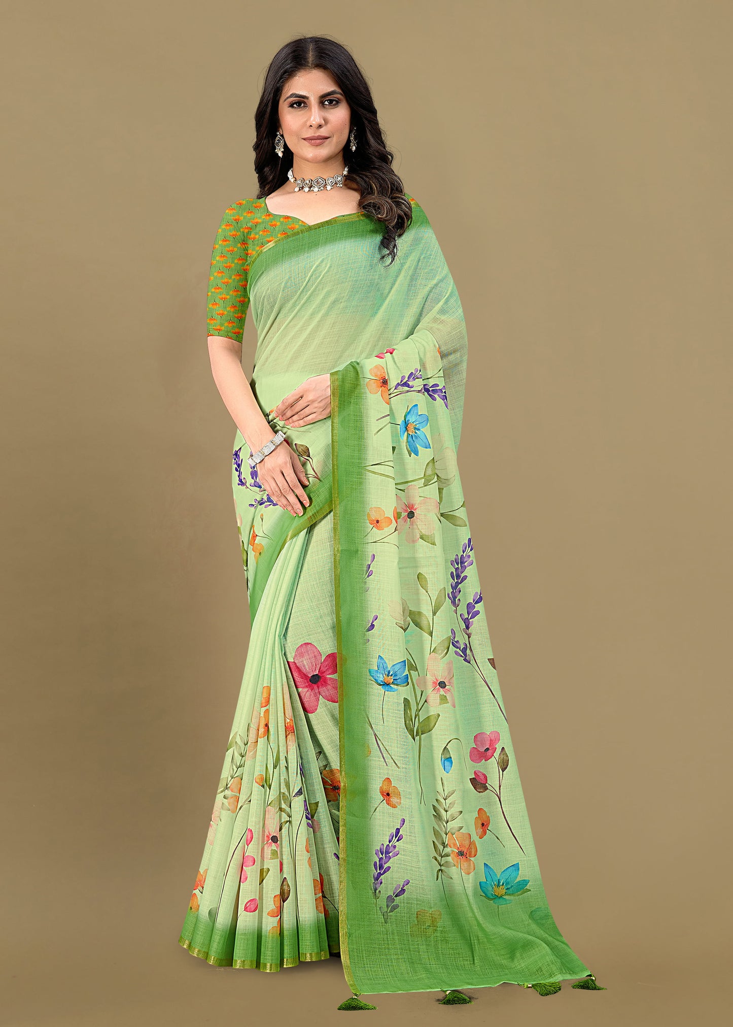 Pista Soft Linen Silk Saree Featuring All-Over Floral Motifs and Zari Border - Tapi Prints 51004 Pista Front View