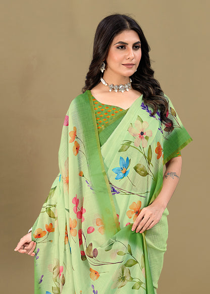 Pista Soft Linen Silk Saree Featuring All-Over Floral Motifs and Zari Border - Tapi Prints 51004 Pista Side View