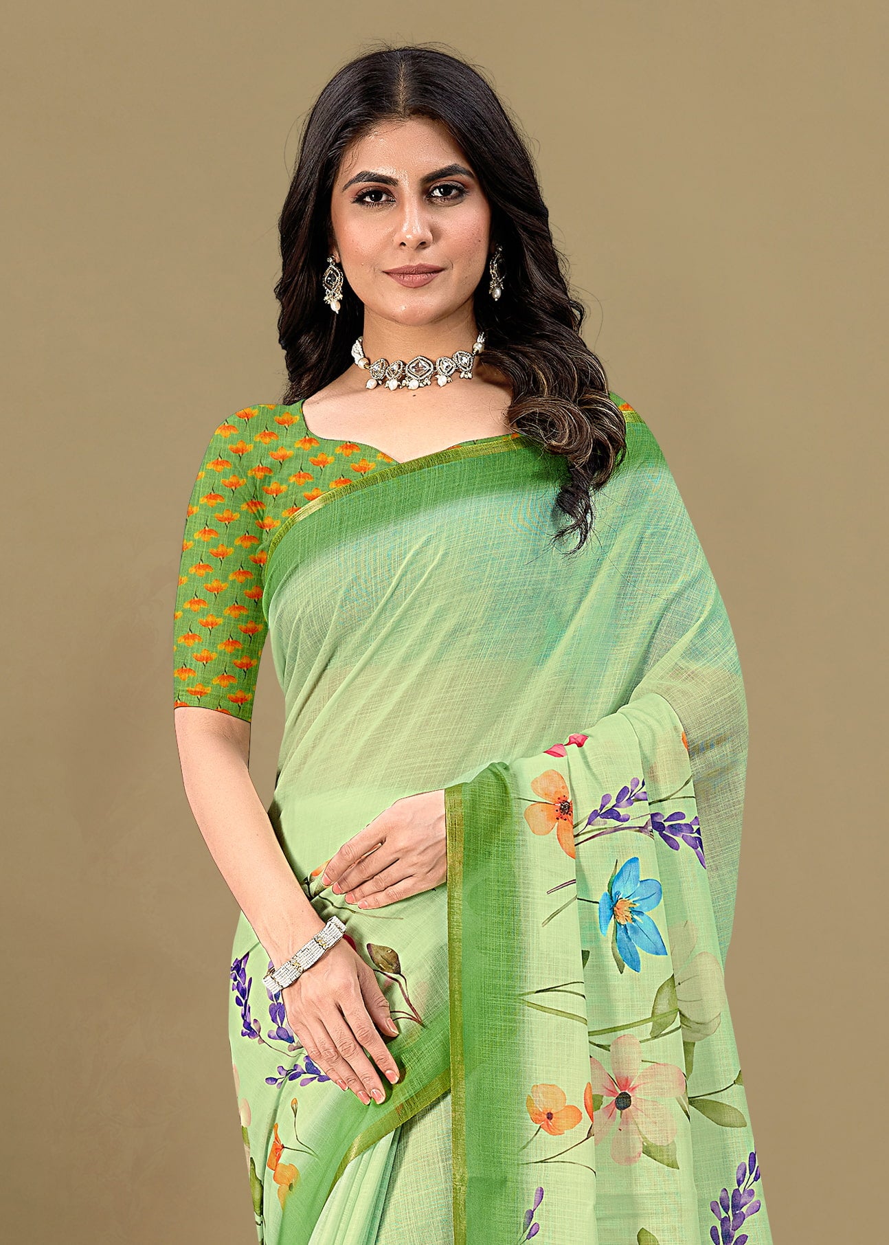 Pista Soft Linen Silk Saree Featuring All-Over Floral Motifs and Zari Border - Tapi Prints 51004 Pista Zoom View