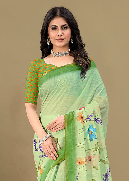 Pista Soft Linen Silk Saree Featuring All-Over Floral Motifs and Zari Border - Tapi Prints 51004 Pista Zoom View