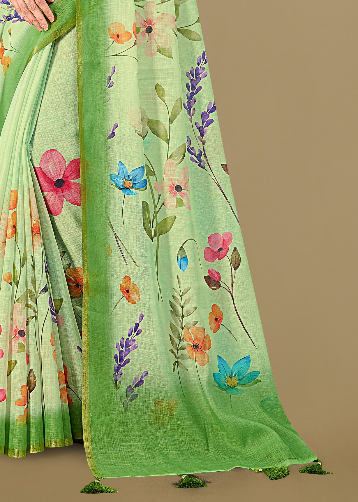 Pista Soft Linen Silk Saree Featuring All-Over Floral Motifs and Zari Border - Tapi Prints 51004 Pista Pallu View