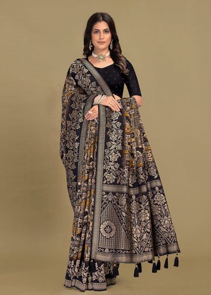 Pure Black Tussar Silk Saree Adorned with Ethnic Digital Prints, Luxe Zari Woven Border and Tassel - Spider Silk 5516 Black Pose 1