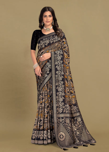 Pure Black Tussar Silk Saree Adorned with Ethnic Digital Prints, Luxe Zari Woven Border and Tassel - Spider Silk 5516 Black Pose 2