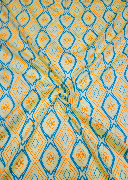 Pure Cotton Ikat Light Yellow Fabric With Geomatric Shape Printed - Cotton Fabric D.No. 3056 Light Yellow Front Image View