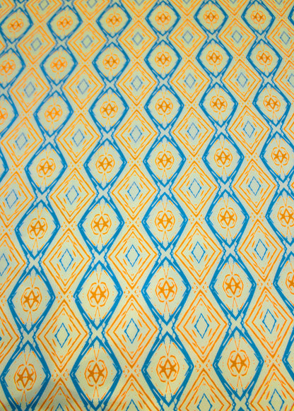 Pure Cotton Ikat Light Yellow Fabric With Geomatric Shape Printed - Cotton Fabric D.No. 3056 Light Yellow Side Image View