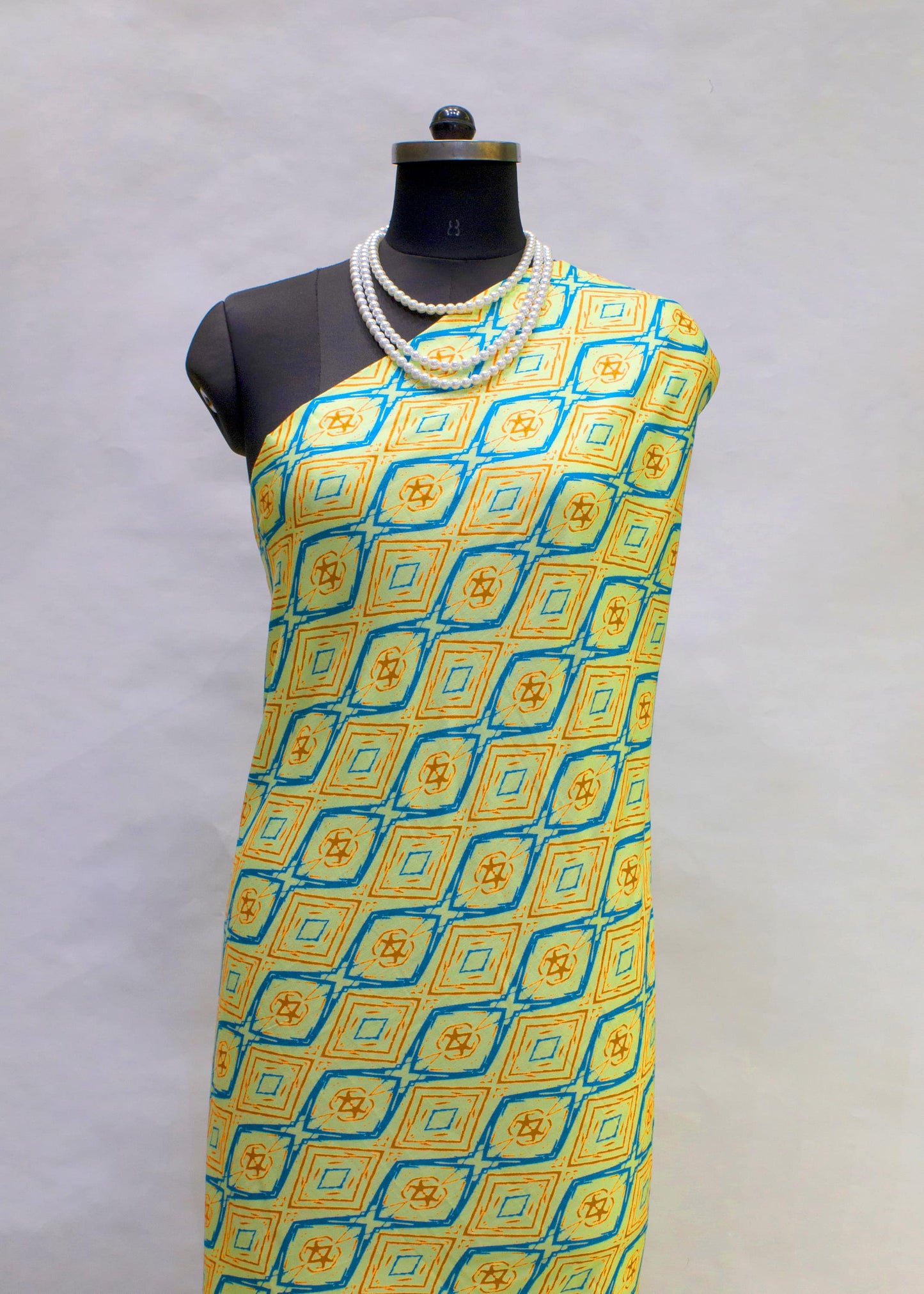 Pure Cotton Ikat Light Yellow Fabric With Geomatric Shape Printed - Cotton Fabric D.No. 3056 Light Yellow Full Image View