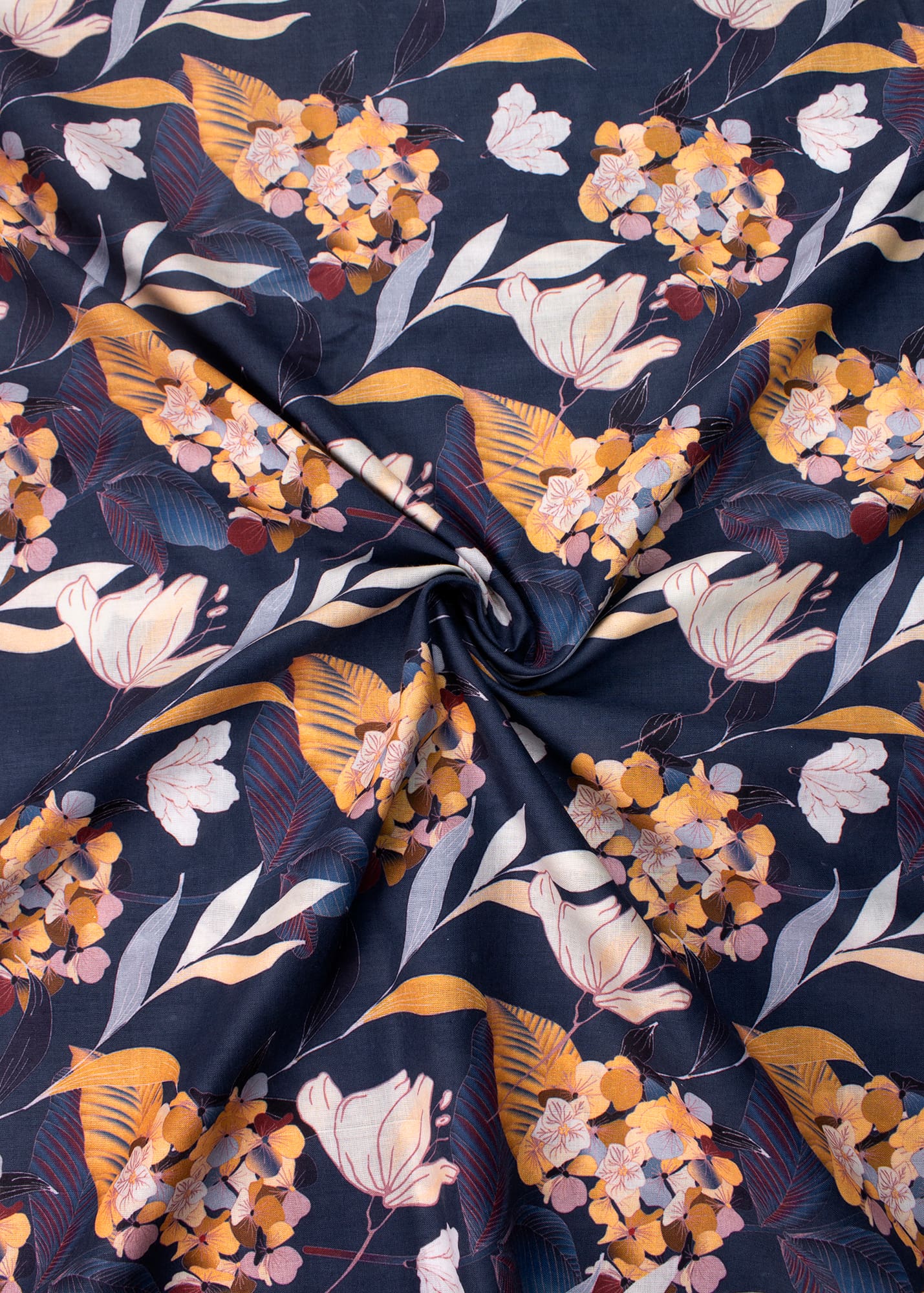 Pure Cotton Linen Navy Blue Fabric With Floral Digital Print - Pure Cotton Linen D.No. 3209 Navy Blue Front Image 1