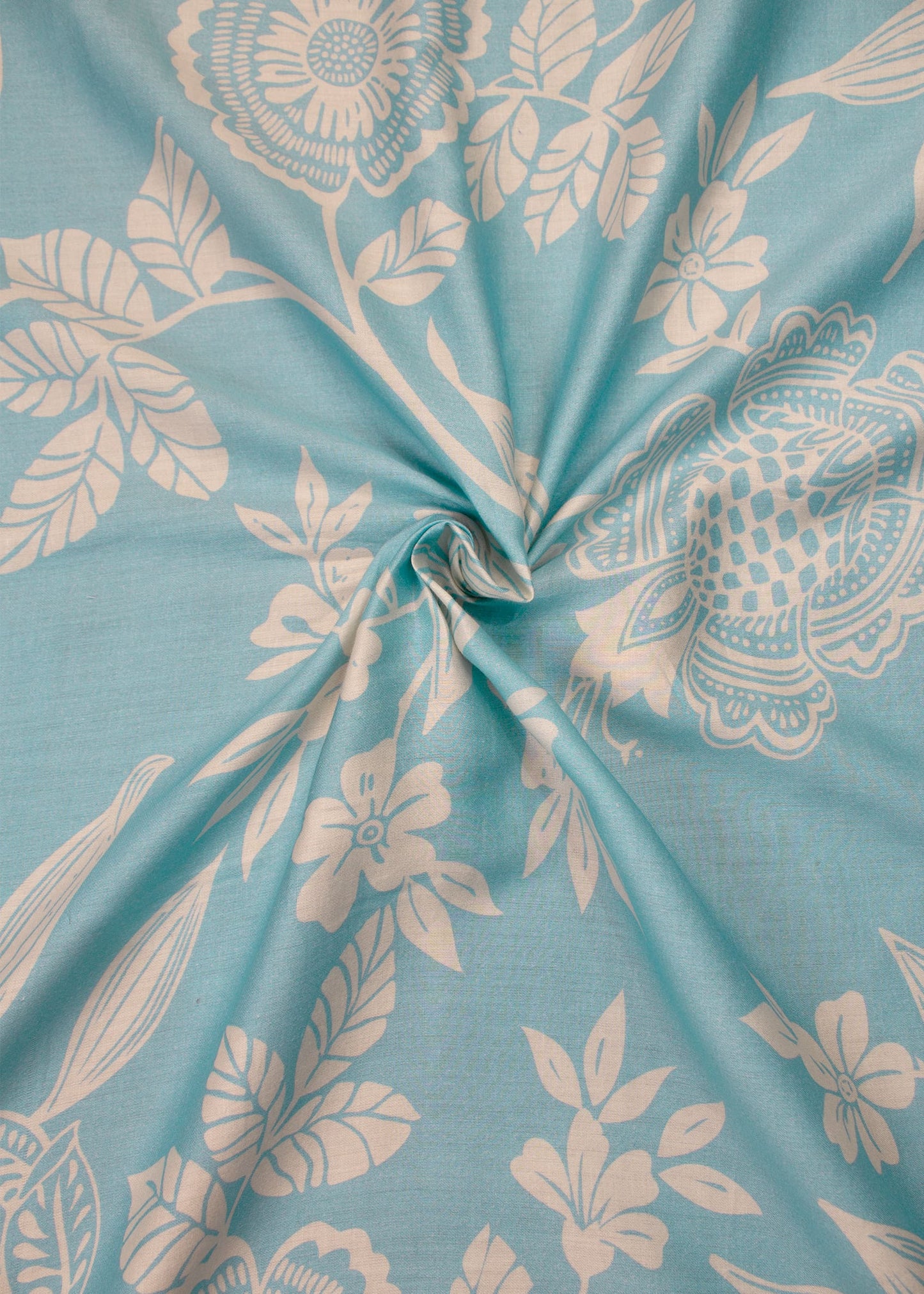 Pure Cotton Satin Aqua Blue Fabric With Floral digital Print - Pure Cotton Satin D.No. 1702 Aqua Blue Front View Image