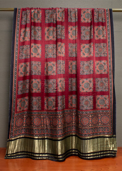 Pure Gaji Silk Dupatta with Maroon Ajrakh Print and Luxurious Zari Border - Pure Gaji Silk Dupatta 1109 Maroon Pose 2