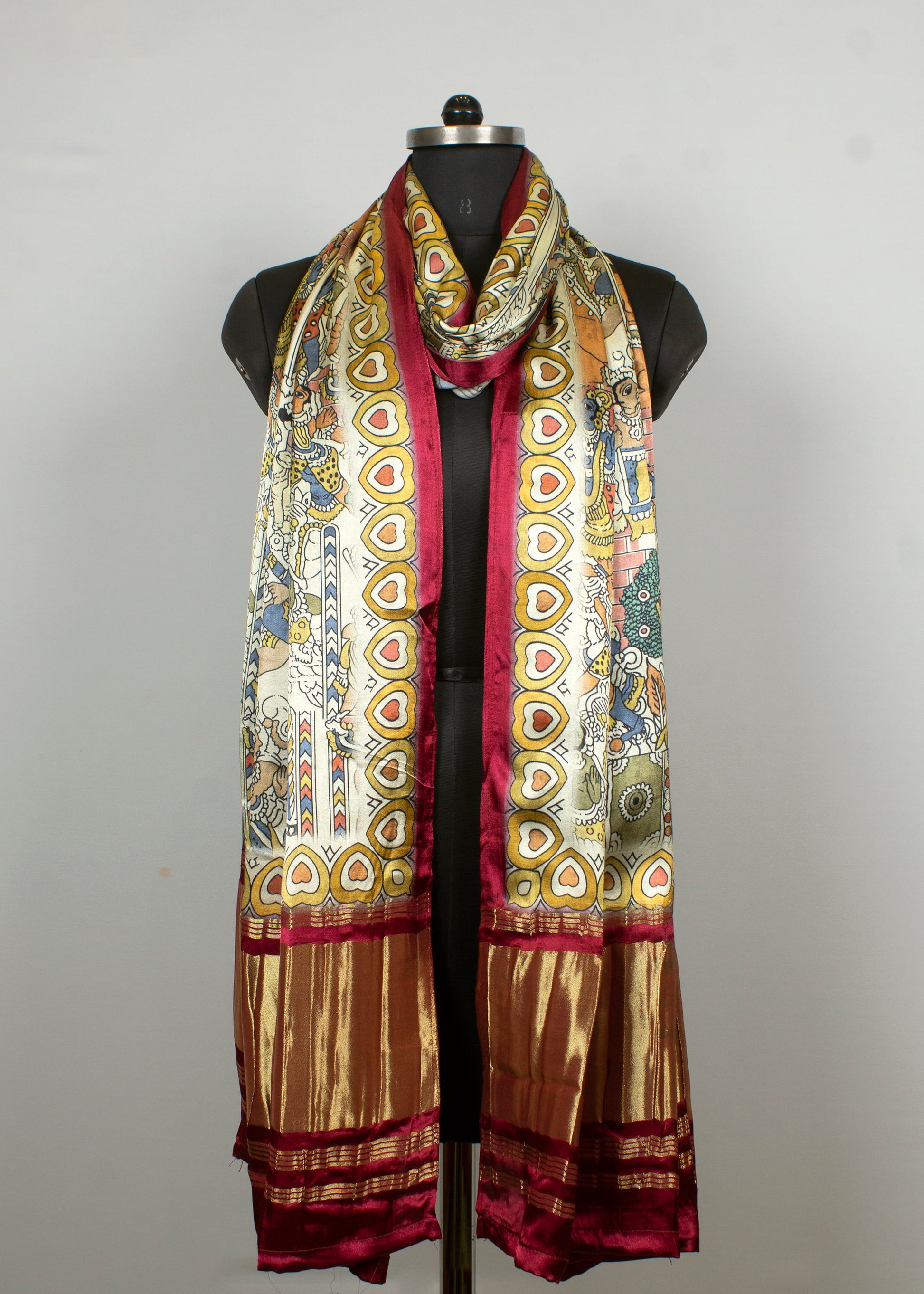 Pure Gaji Silk Dupatta with Multicolor Ethnic Figure Digital Prints and Zari Lagdi Patta Border - Pure Gaji Silk Dupatta 1133 Multicolor Front View