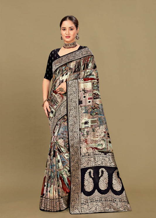 Pure Georgette Saree in Multicolor with Ethnic Digital Designs, Zari Borders, and Butta Work - Inaya Silk 42000 Multicolor Image 1