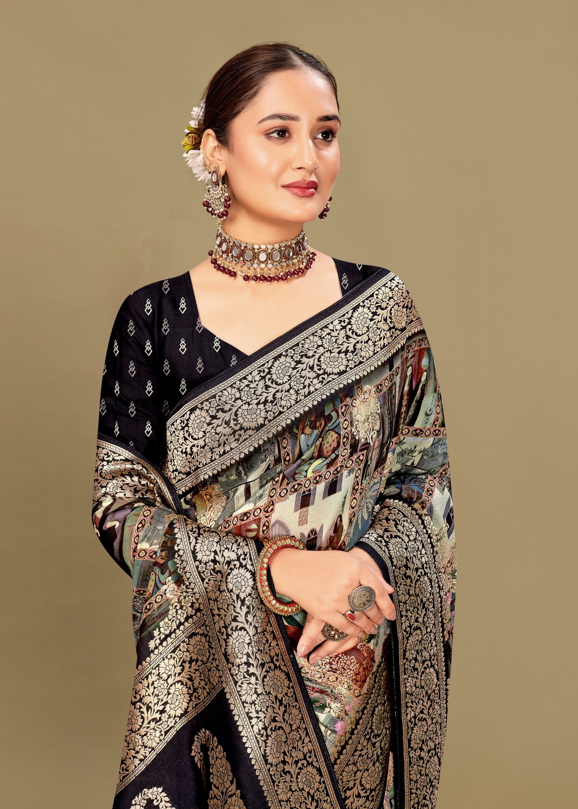 Pure Georgette Saree in Multicolor with Ethnic Digital Designs, Zari Borders, and Butta Work - Inaya Silk 42000 Multicolor Image 2