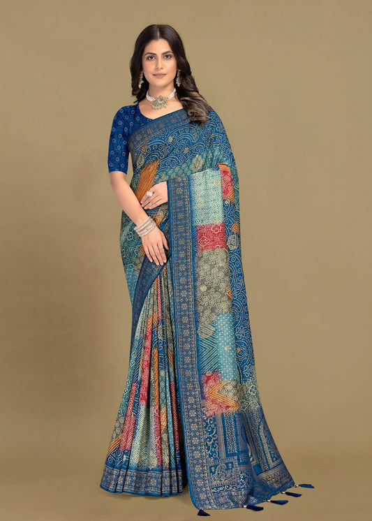 Pure Tussar Silk Indigo Blue Saree Featuring Bandhani Digital Prints, Zari Woven Border and Delicate Tassel Finish - Spider Silk 5533 Indigo Blue Pose 1