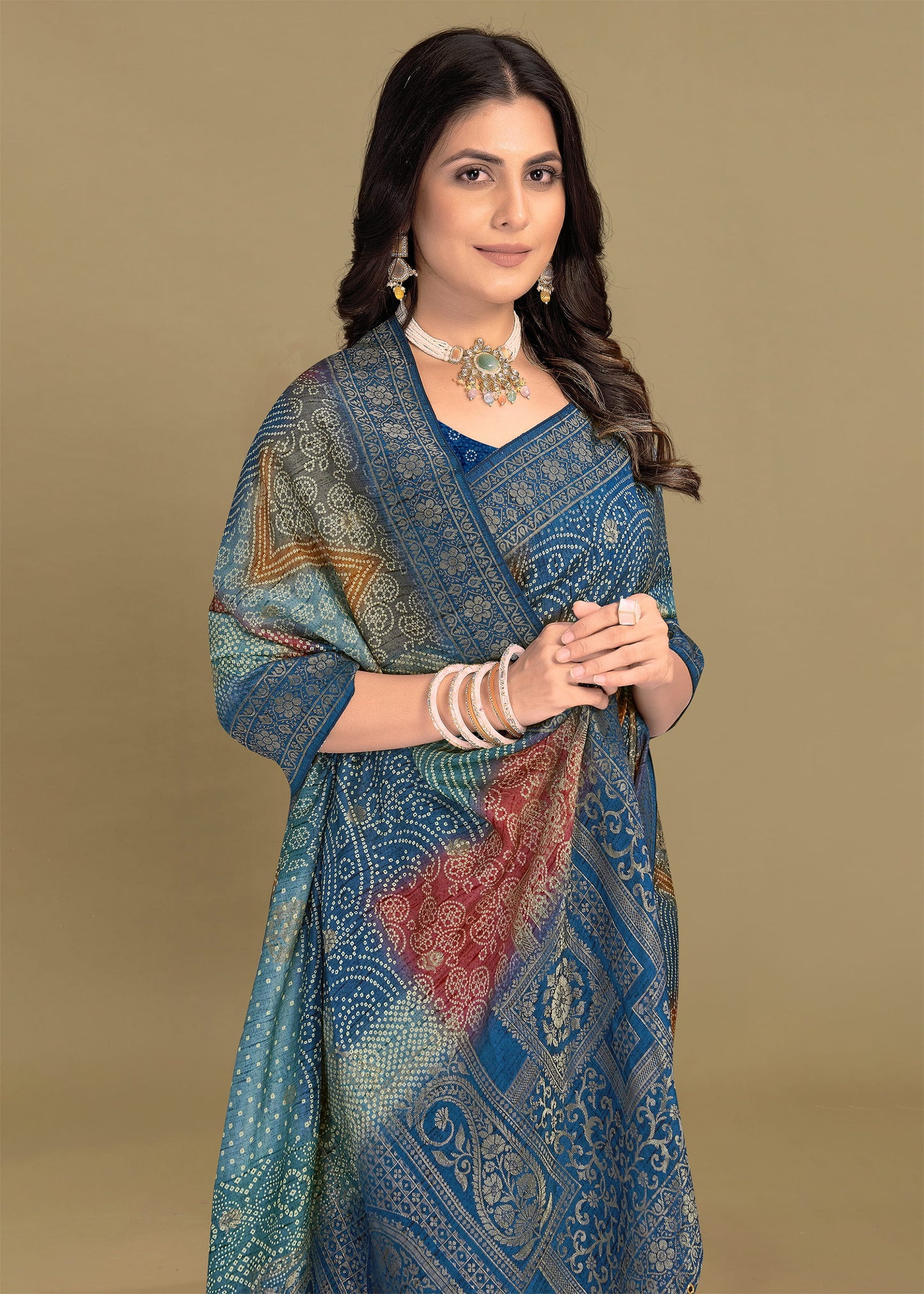 Pure Tussar Silk Indigo Blue Saree Featuring Bandhani Digital Prints, Zari Woven Border and Delicate Tassel Finish - Spider Silk 5533 Indigo Blue Pose 2