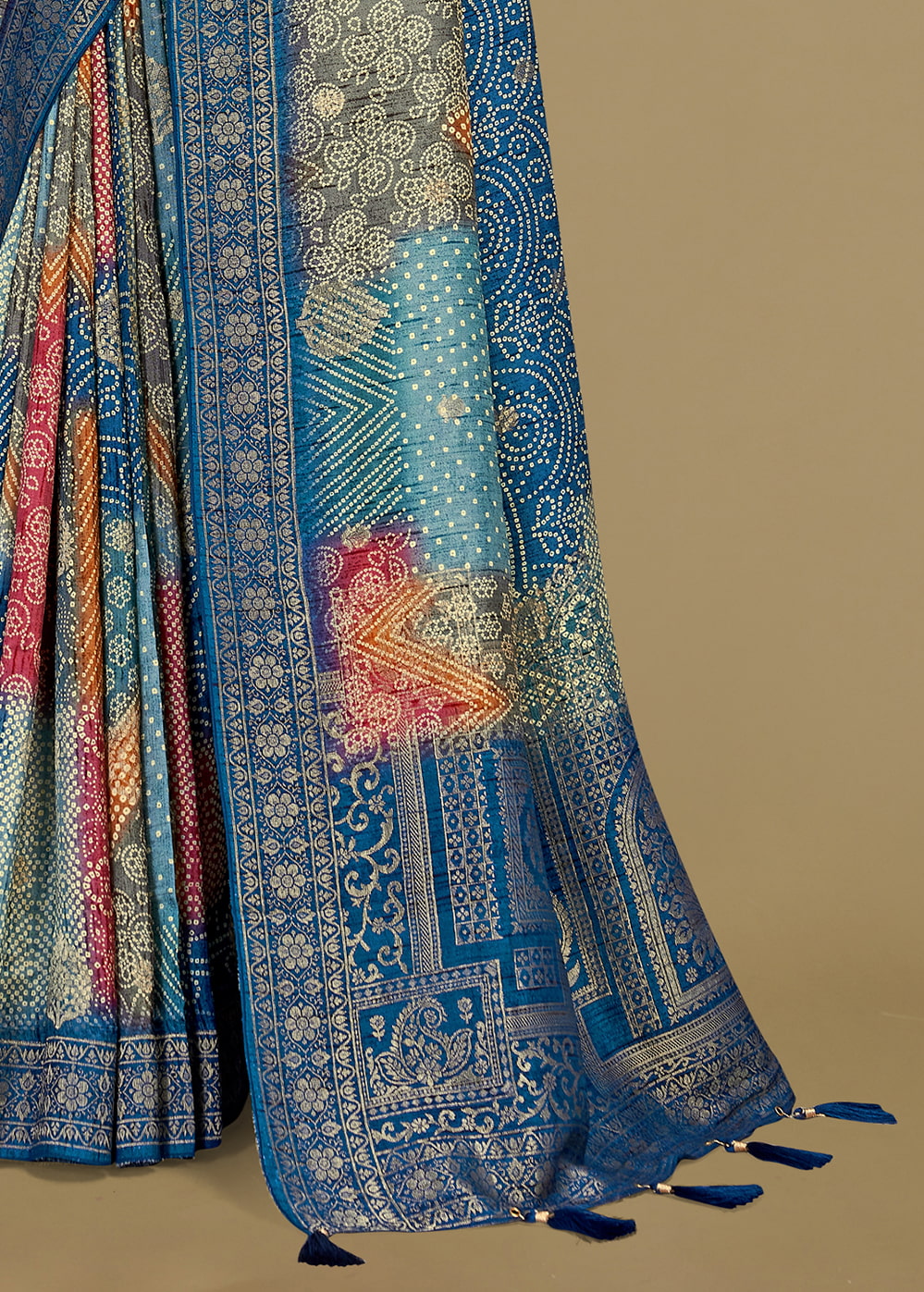 Pure Tussar Silk Indigo Blue Saree Featuring Bandhani Digital Prints, Zari Woven Border and Delicate Tassel Finish - Spider Silk 5533 Indigo Blue Pose 3