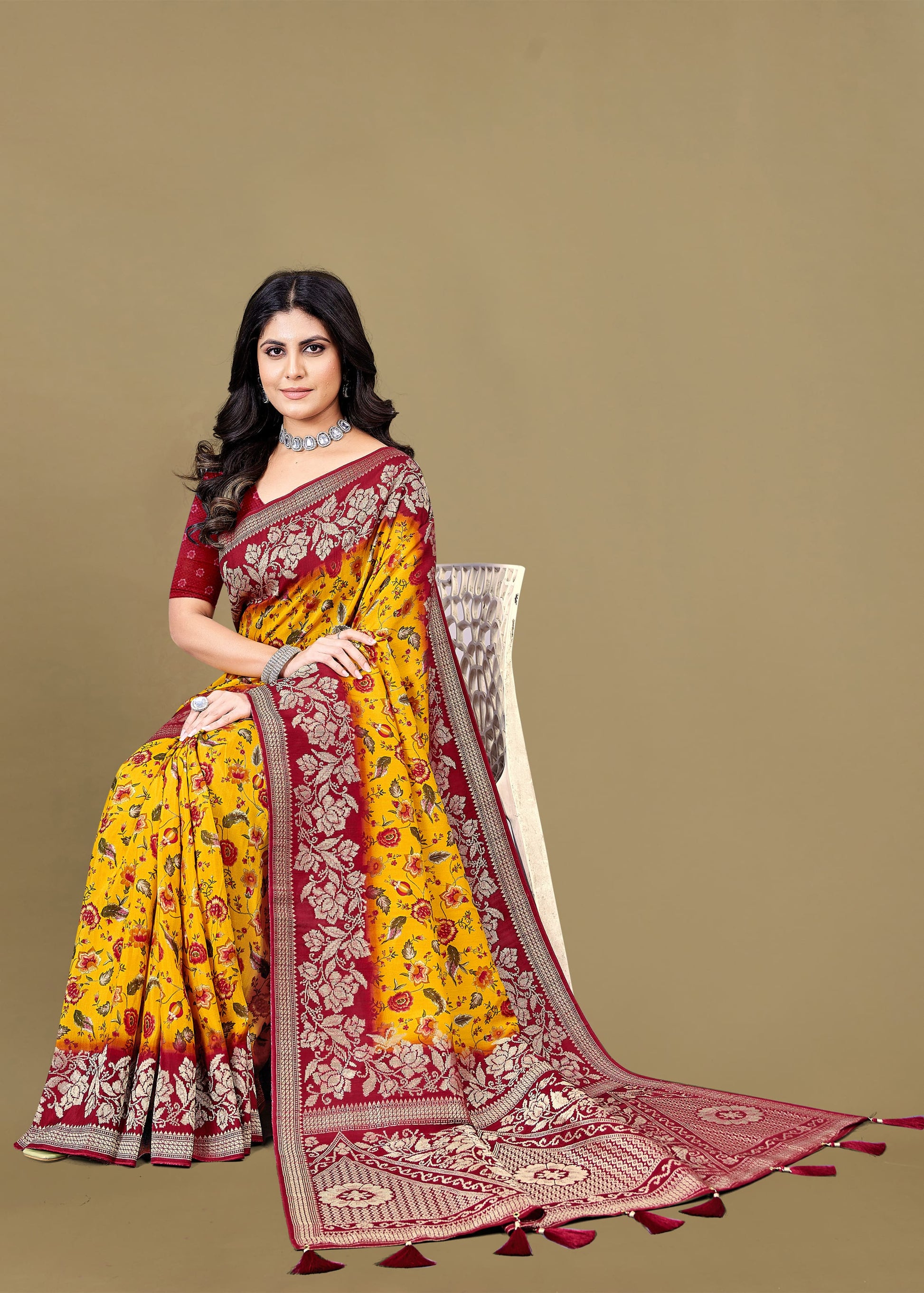 Pure Tussar Silk Saree with Artistic Orange-Yellow Kalamkari Prints, Gleaming Zari Borders and Butta - Spider Silk 5556 Orange Yellow Pose 1 