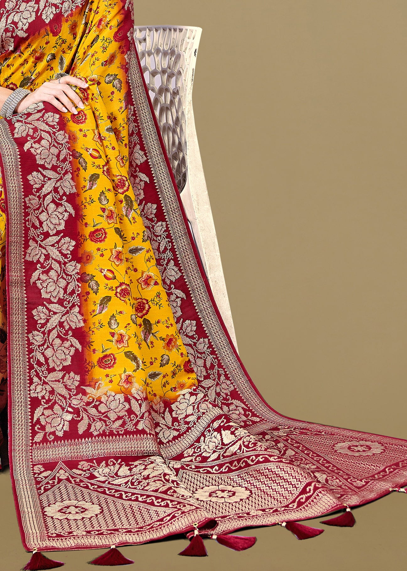 Pure Tussar Silk Saree with Artistic Orange-Yellow Kalamkari Prints, Gleaming Zari Borders and Butta - Spider Silk 5556 Orange Yellow Pose 3