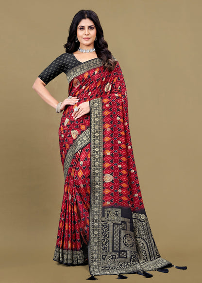 Pure Tussar Silk Saree with Bold Maroon Ikat Digital Prints, Zari Woven Border, and Refined Butta Accents - Spider Silk 5552 Maroon Front View