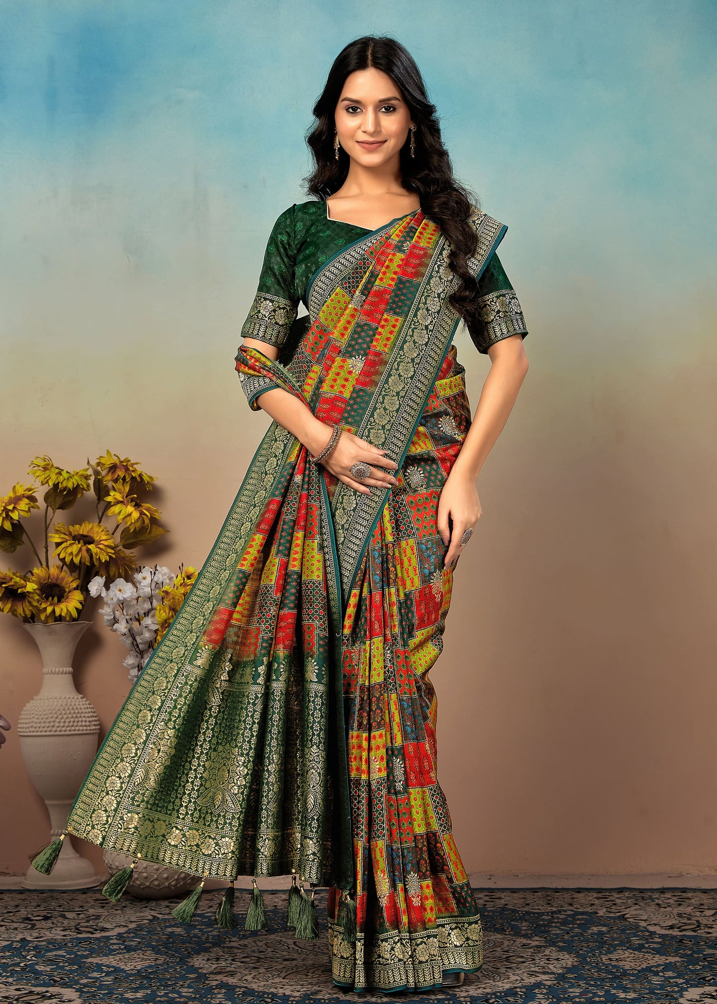 Pure Tussar Silk Saree with Multicolor Gharchola Prints, Fine Zari Border and Buttas - Spider Silk 5550 Multicolor Modeling 1