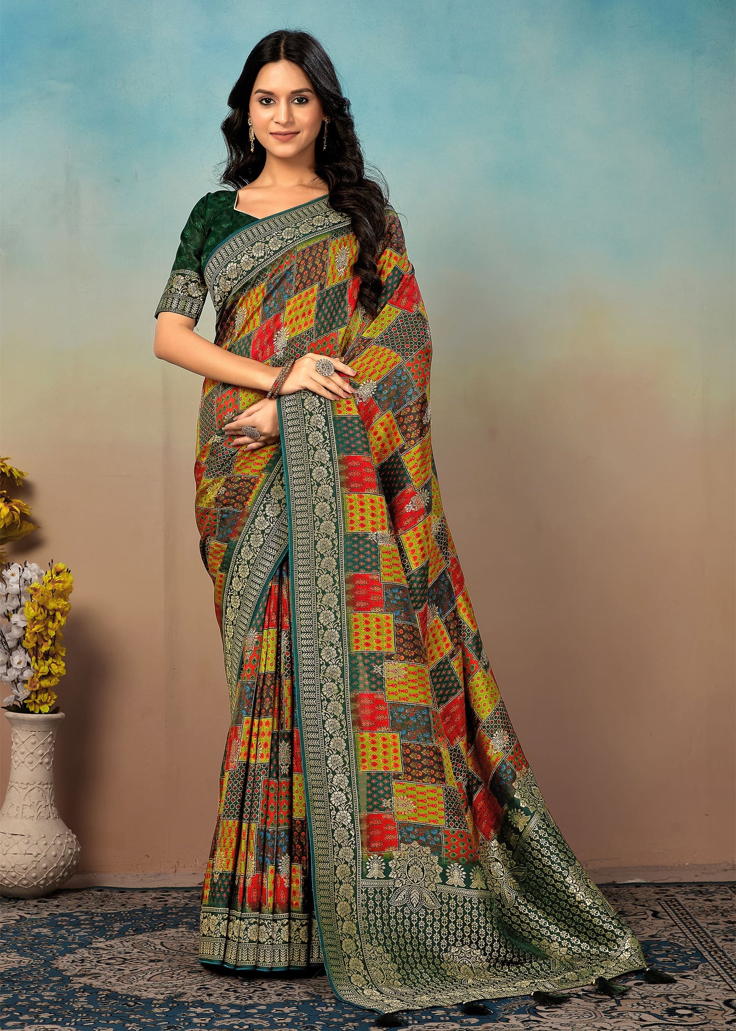 Pure Tussar Silk Saree with Multicolor Gharchola Prints, Fine Zari Border and Buttas - Spider Silk 5550 Multicolor Modeling 3