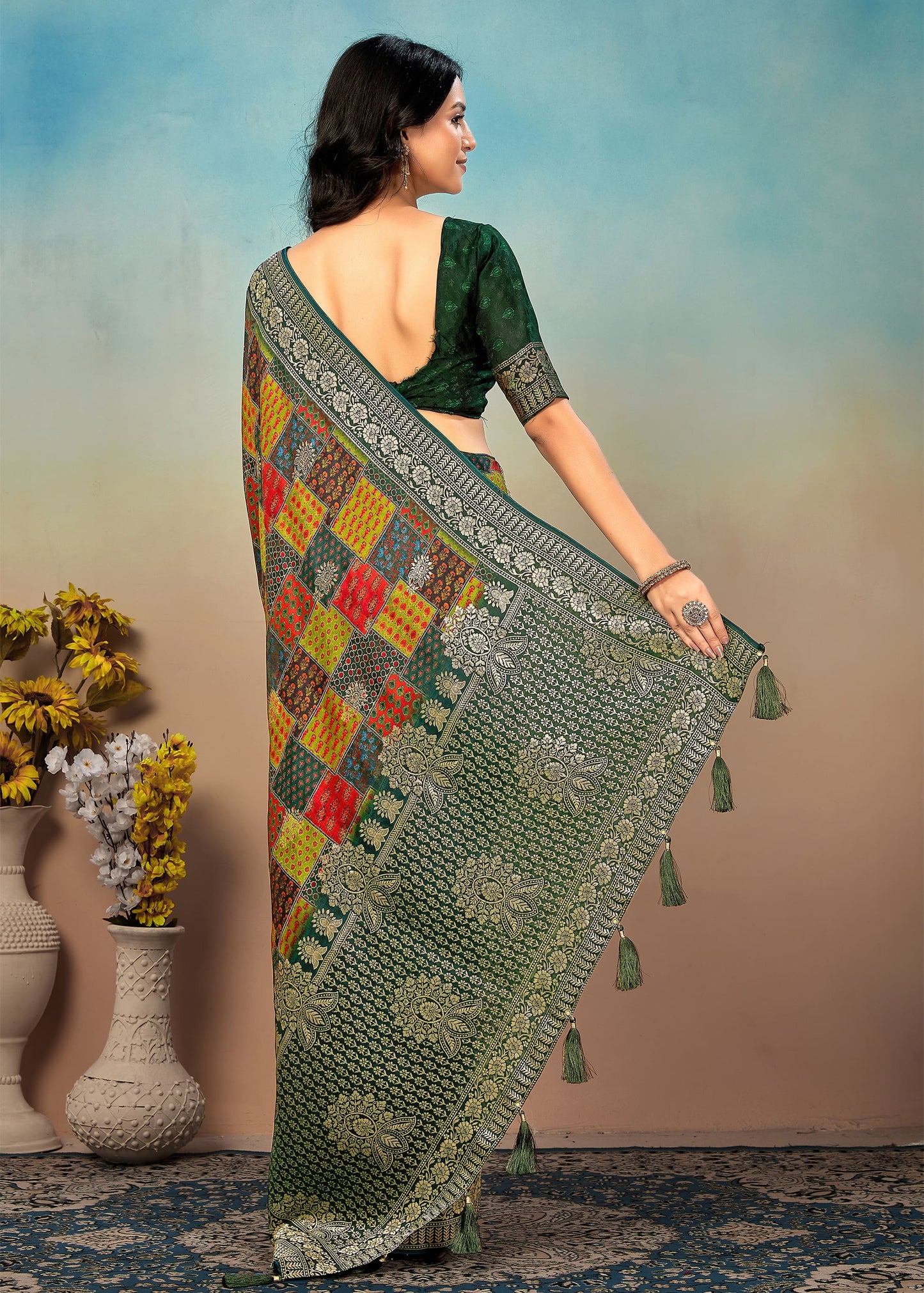 Pure Tussar Silk Saree with Multicolor Gharchola Prints, Fine Zari Border and Buttas - Spider Silk 5550 Multicolor Modeling 4