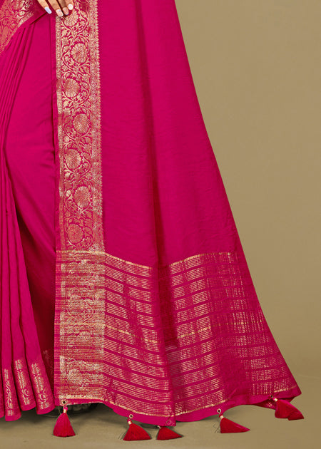 Rani Dyed Fine Silk Saree with Zari Woven Border, Aari Work Printed Blouse and Tassels - Fine Silk D.No. 44025 Rani Third View