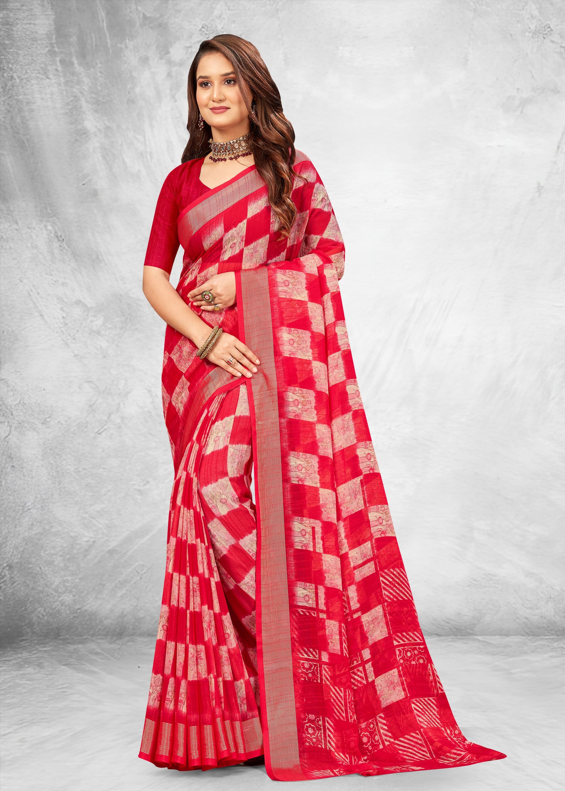 Red Chiffon Saree with Bold Abstract Prints and Luxurious Zari Weaving Border - Sahyog Prints 3179-D Red Modeling 1