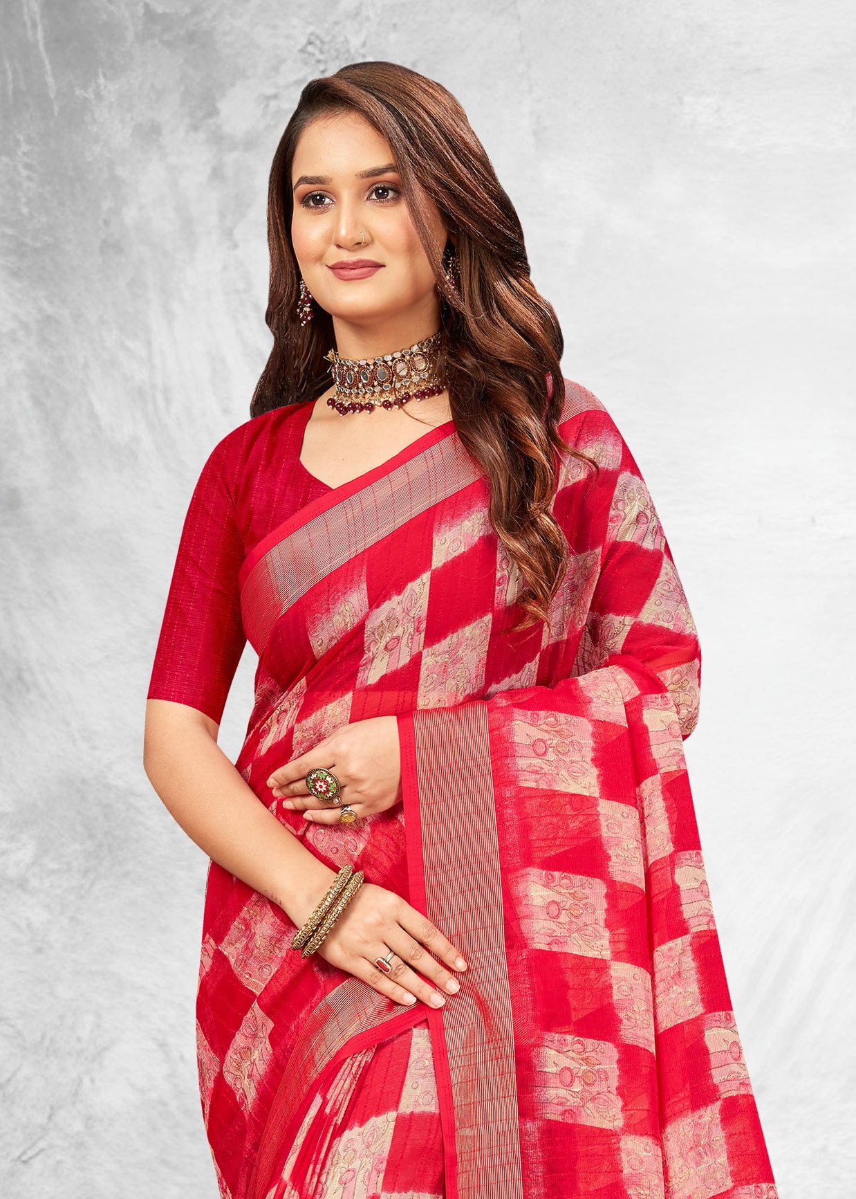 Red Chiffon Saree with Bold Abstract Prints and Luxurious Zari Weaving Border - Sahyog Prints 3179-D Red Modeling 2