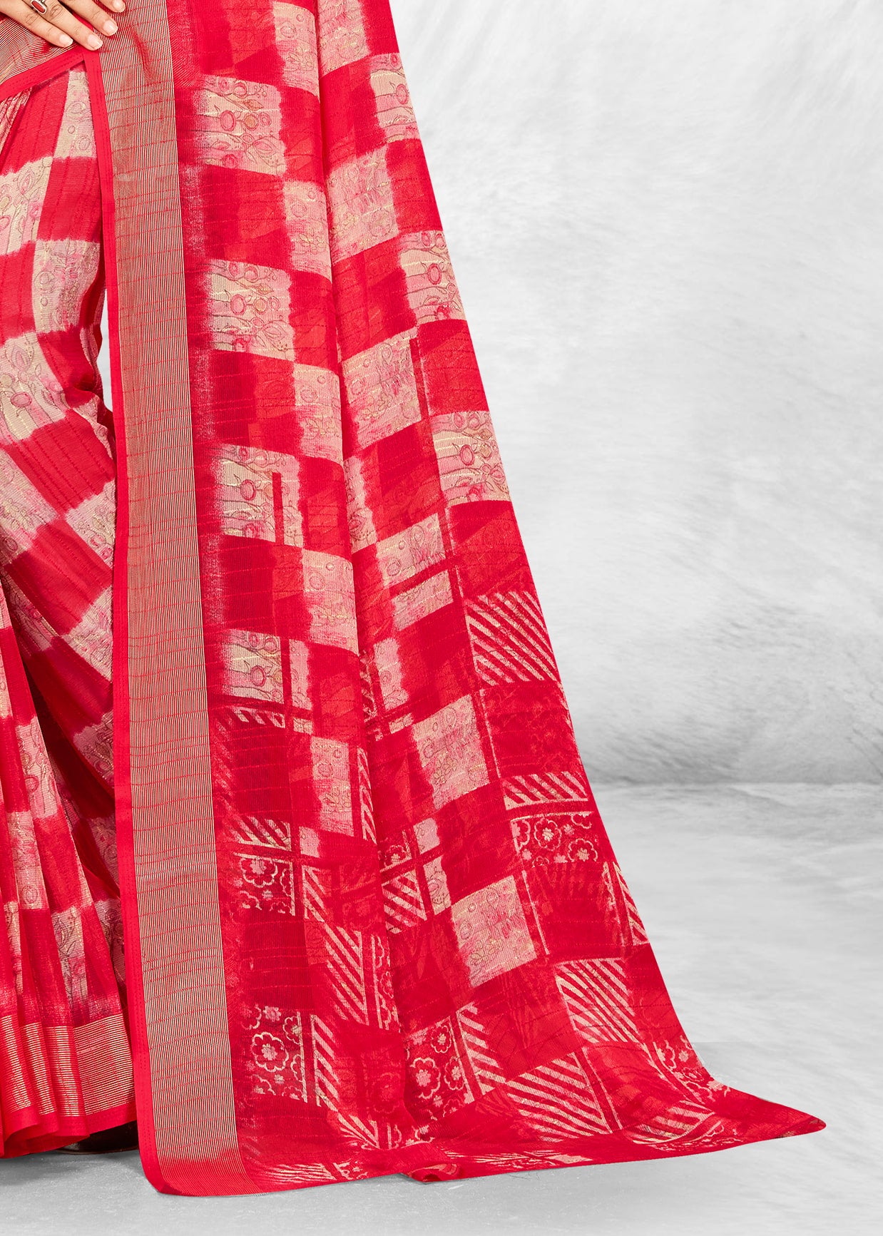 Red Chiffon Saree with Bold Abstract Prints and Luxurious Zari Weaving Border - Sahyog Prints 3179-D Red Modeling 3