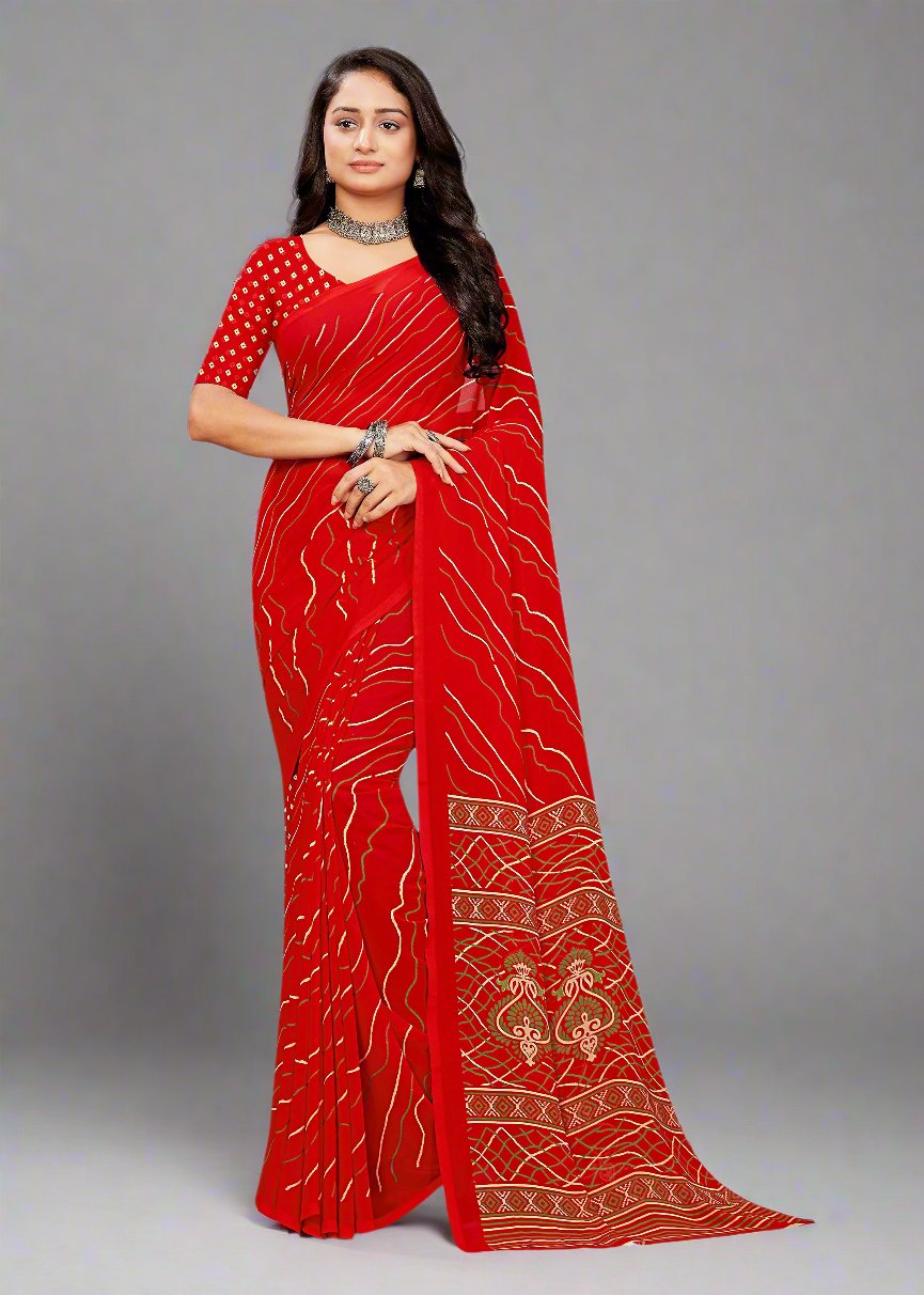 Red Lehariya Chiffon Saree Featuring a Solid Border - Heritage Silk D. No.4269-A Red First Image