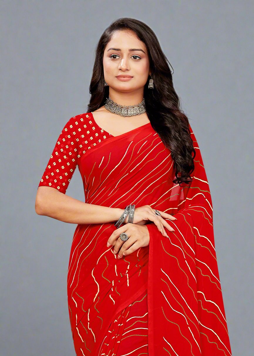 Red Lehariya Chiffon Saree Featuring a Solid Border - Heritage Silk D. No.4269-A Red Second Image