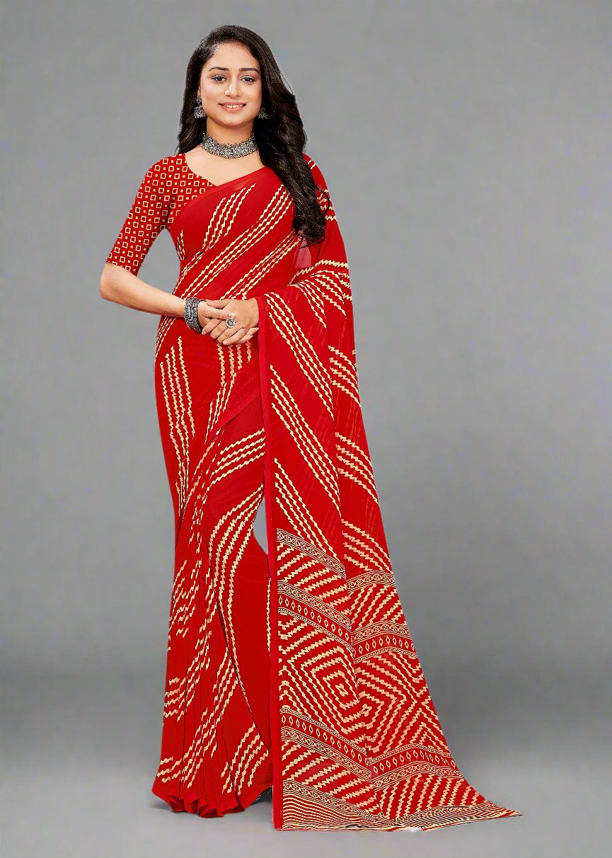 Red Lehariya Pattern Designer Saree in Georgette Fabric - Indigo Prints 2438-D Red First Image