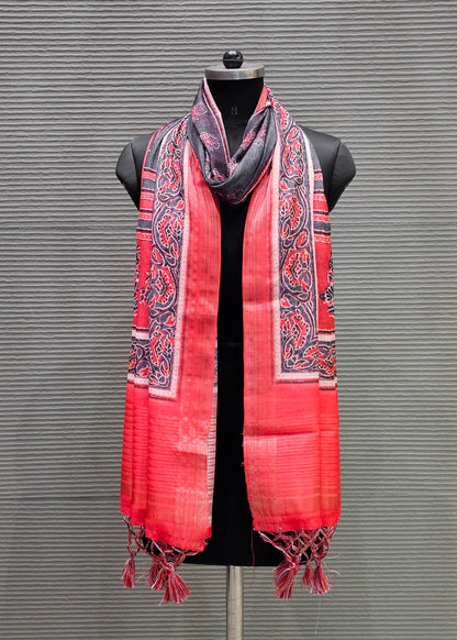 Red Linen Dupatta with Ajrakh Digital Print with Zari Woven Border - Linen Dupatta D. No. 2101 Red Front View Image