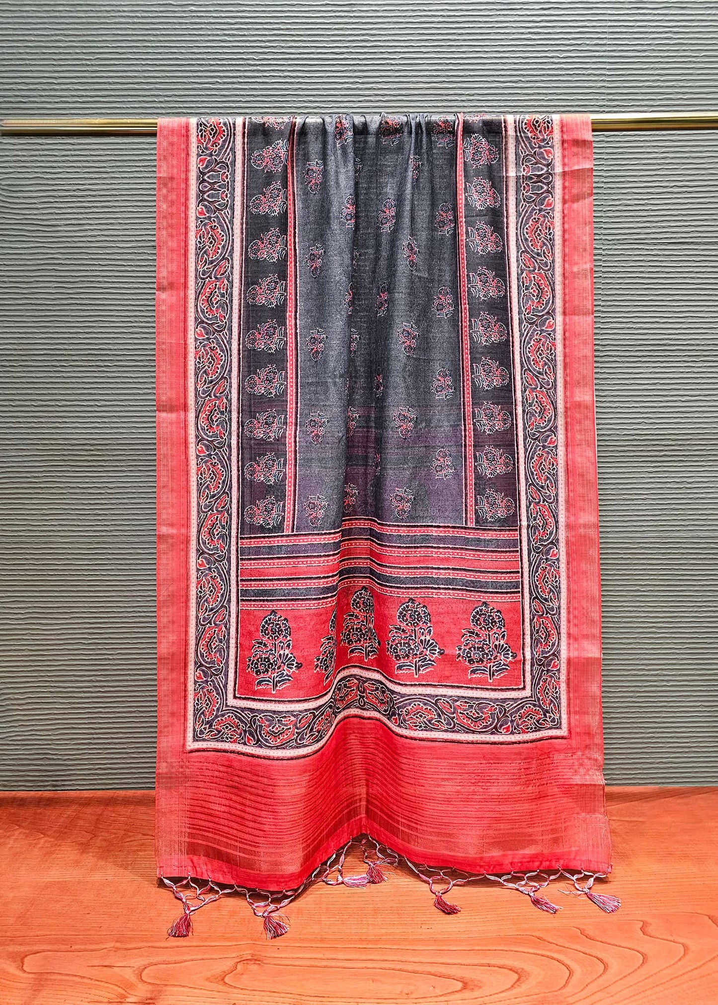 Red Linen Dupatta with Ajrakh Digital Print with Zari Woven Border - Linen Dupatta D. No. 2101 Red Full View Image