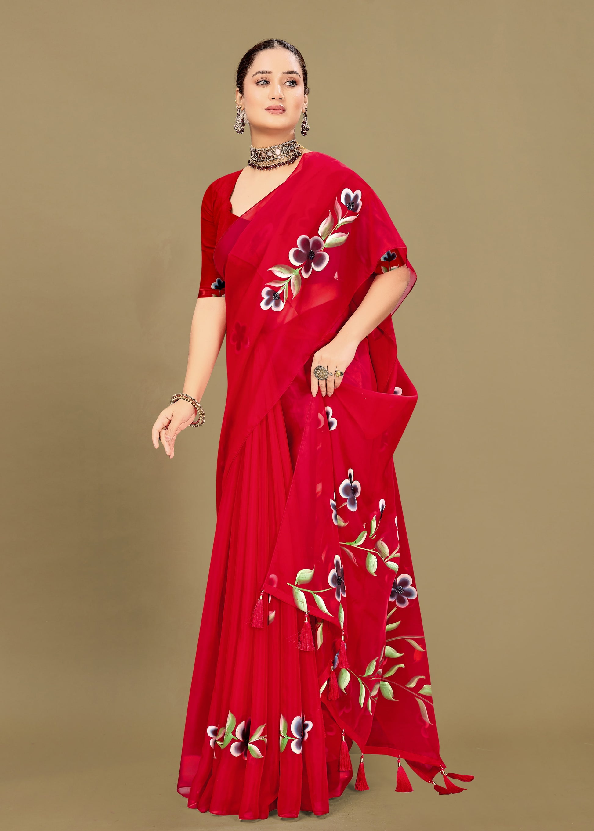 Red Organza Saree Adorned with Crystal Highlights, Hand-Painted Florals, and Tassel Trims - Titli Print 15044 Red First Image