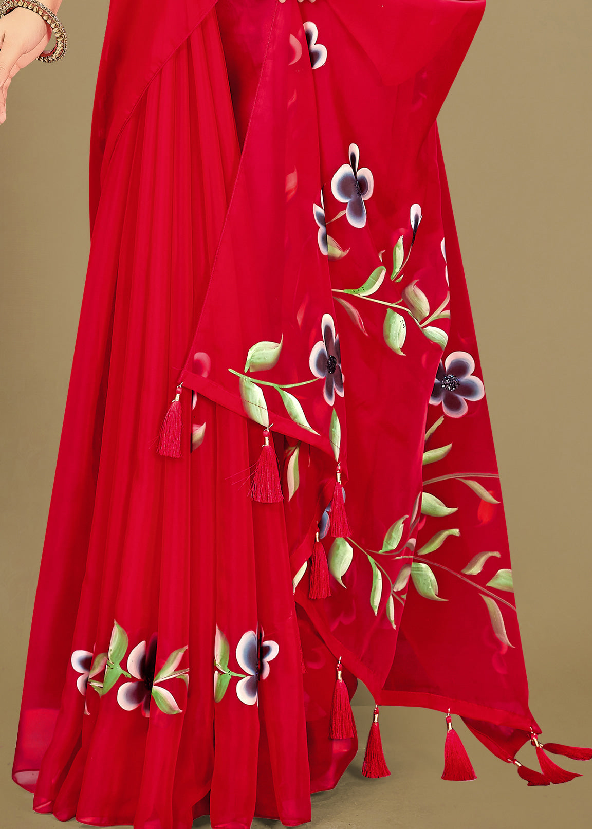 Red Organza Saree Adorned with Crystal Highlights, Hand-Painted Florals, and Tassel Trims - Titli Print 15044 Red Third Image