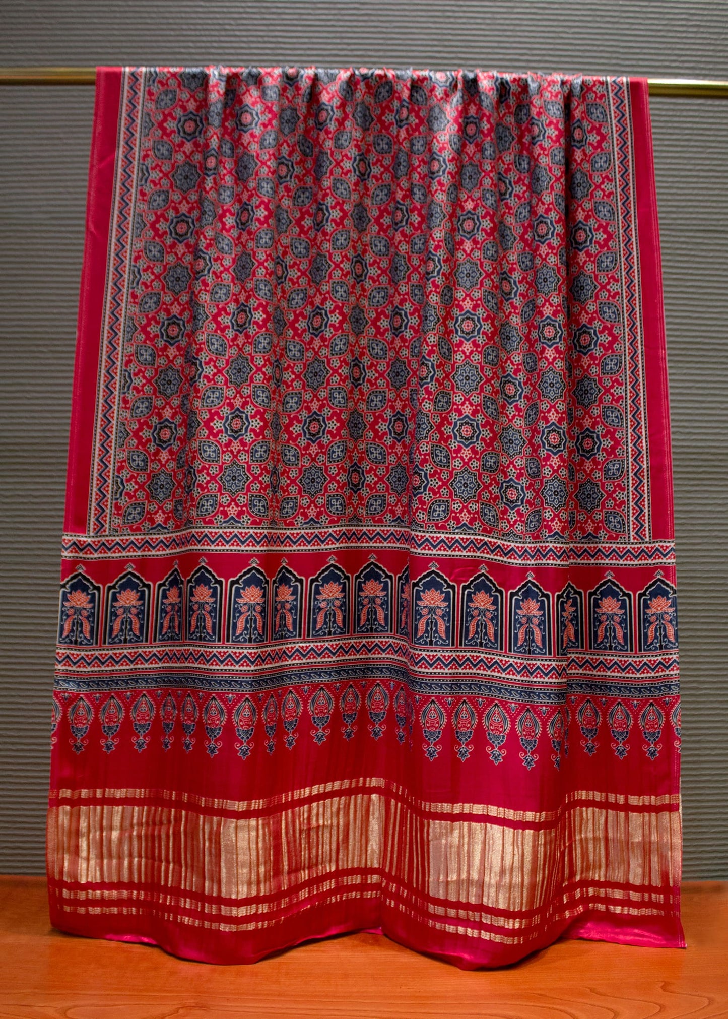 Red Pure Gaji Silk Dupatta with All Over Ajrakh Print and Zari Woven Border