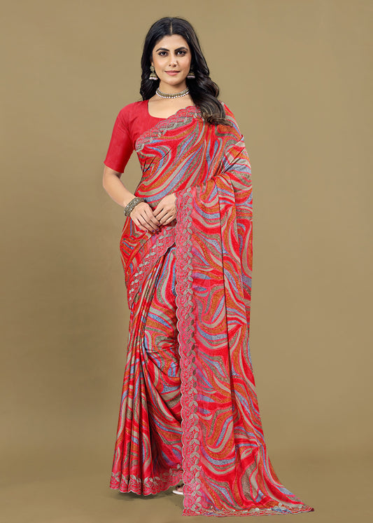 Red Silk Georgette Saree Adorned with Ethnic Motifs, Embroidery Cutwork Border - Rupam Prints 91025-C Red First Image