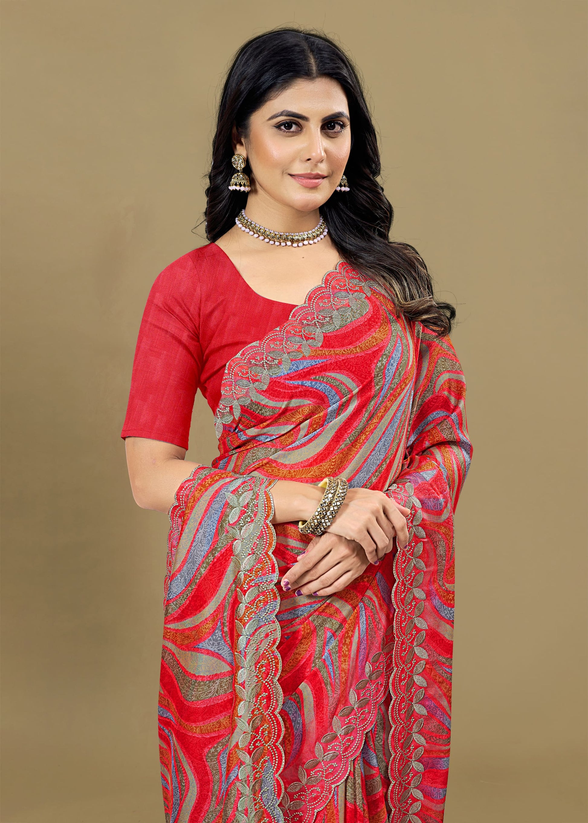 Red Silk Georgette Saree Adorned with Ethnic Motifs, Embroidery Cutwork Border - Rupam Prints 91025-C Red Second Image