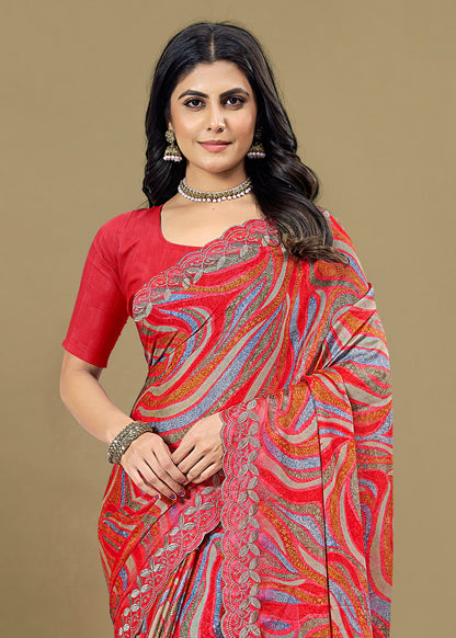 Red Silk Georgette Saree Adorned with Ethnic Motifs, Embroidery Cutwork Border - Rupam Prints 91025-C Red Third Image