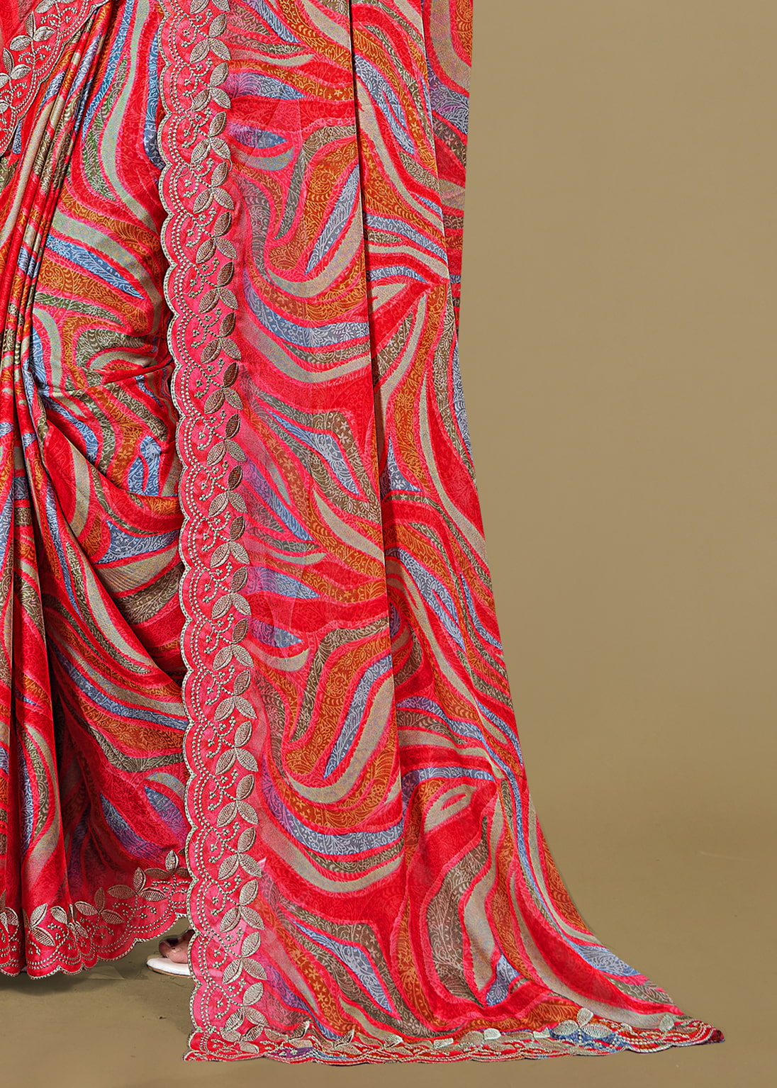 Red Silk Georgette Saree Adorned with Ethnic Motifs, Embroidery Cutwork Border - Rupam Prints 91025-C Red Pallu Image