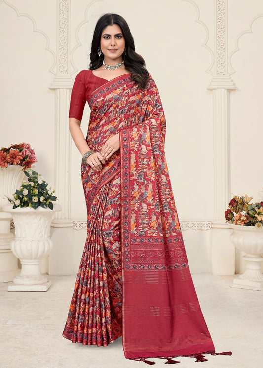 Rich Maroon Tussar Silk Saree Featuring Pichwai Prints, Zari Accents, and Chit Pallu - Zodiac Silk 71012 - Maroon First Image