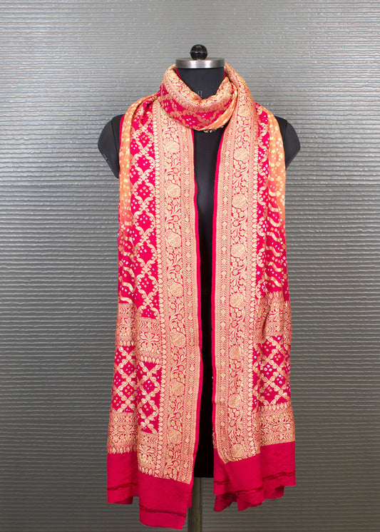 Rich Raspberry Georgette Bandhani Dupatta with Exquisite Zari Woven Border and Jaal Work - Handwoven 8707 Raspberry Modeling 1