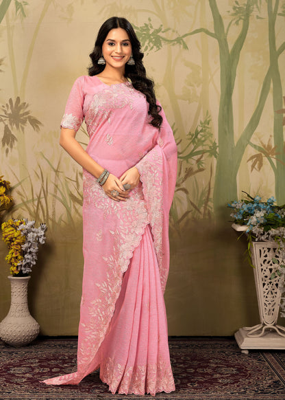 Rose Pink Organza Saree Adorned with Exquisite Embroidery and a Refined Cutwork Border - Titanium Silk 5132-D Rose Pink Pose 1