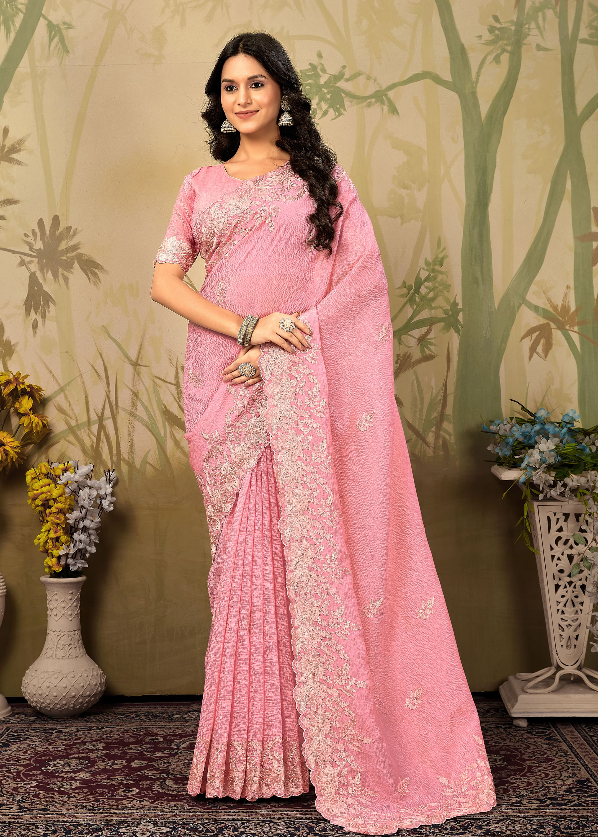 Rose Pink Organza Saree Adorned with Exquisite Embroidery and a Refined Cutwork Border - Titanium Silk 5132-D Rose Pink Pose 3