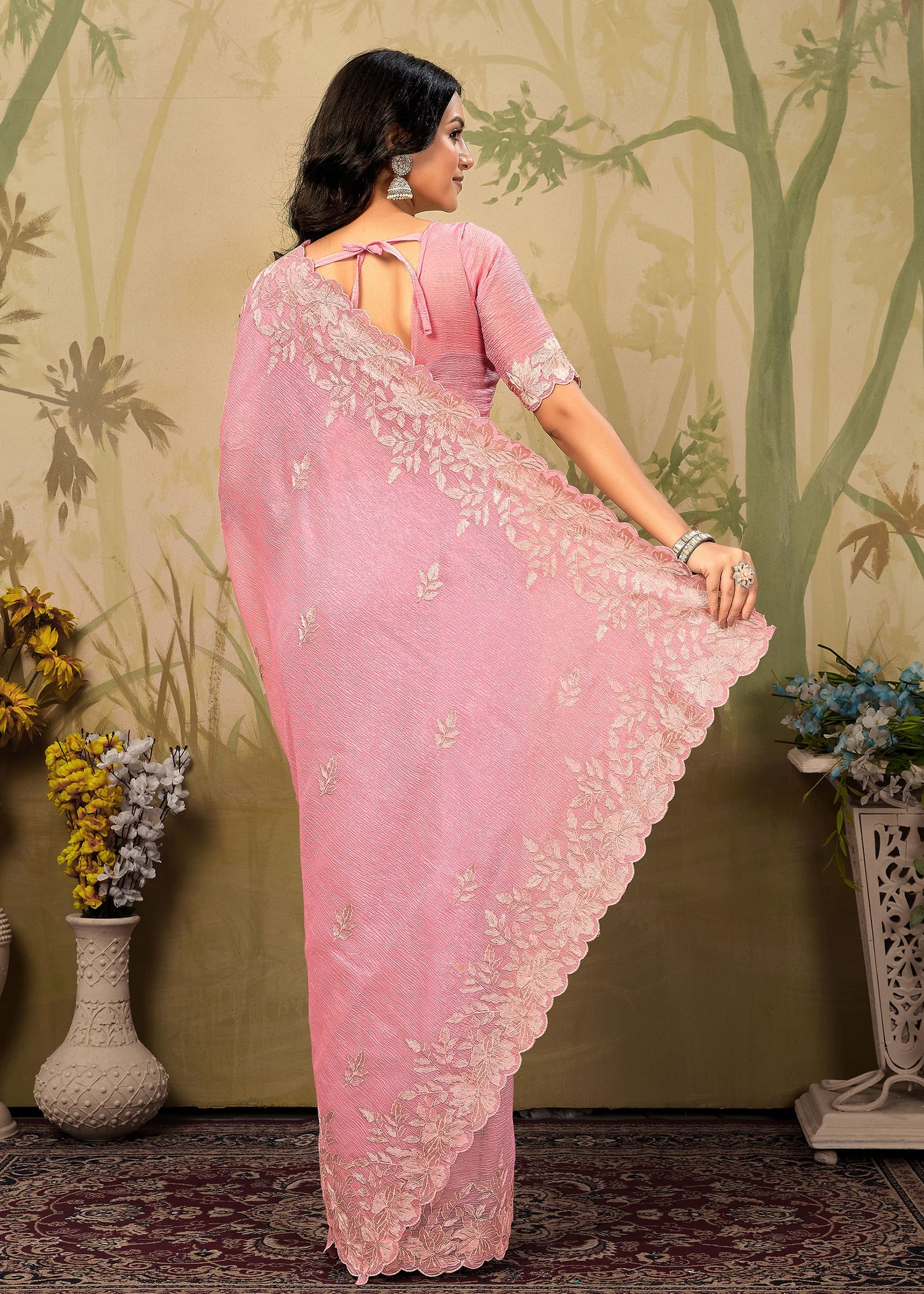 Rose Pink Organza Saree Adorned with Exquisite Embroidery and a Refined Cutwork Border - Titanium Silk 5132-D Rose Pink Pose 4